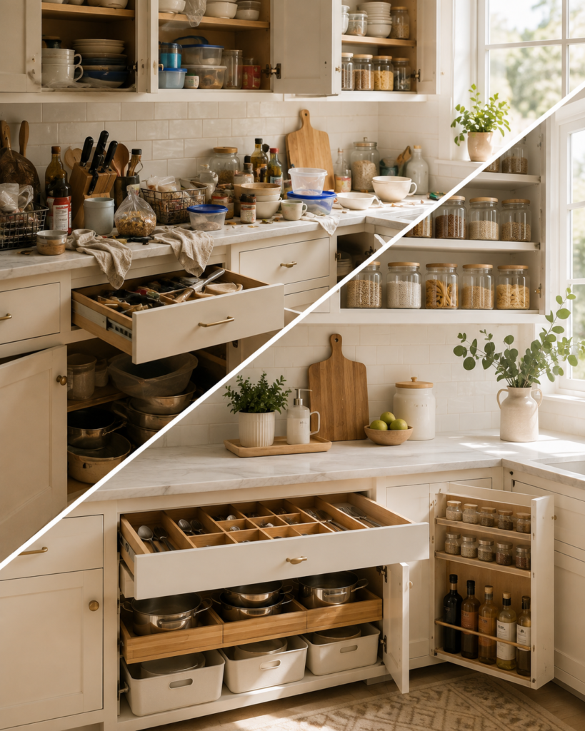 A bright, aspirational kitchen scene showcases thoughtful organization with an inviting, lived-in feel.