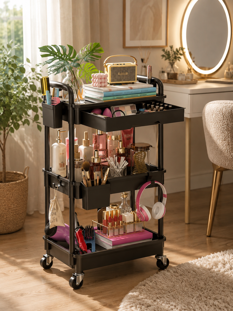 Black three-tier rolling utility cart organized with makeup, skincare, hair tools, books, headphones, and beauty accessories in a warm, sunlit vanity space.