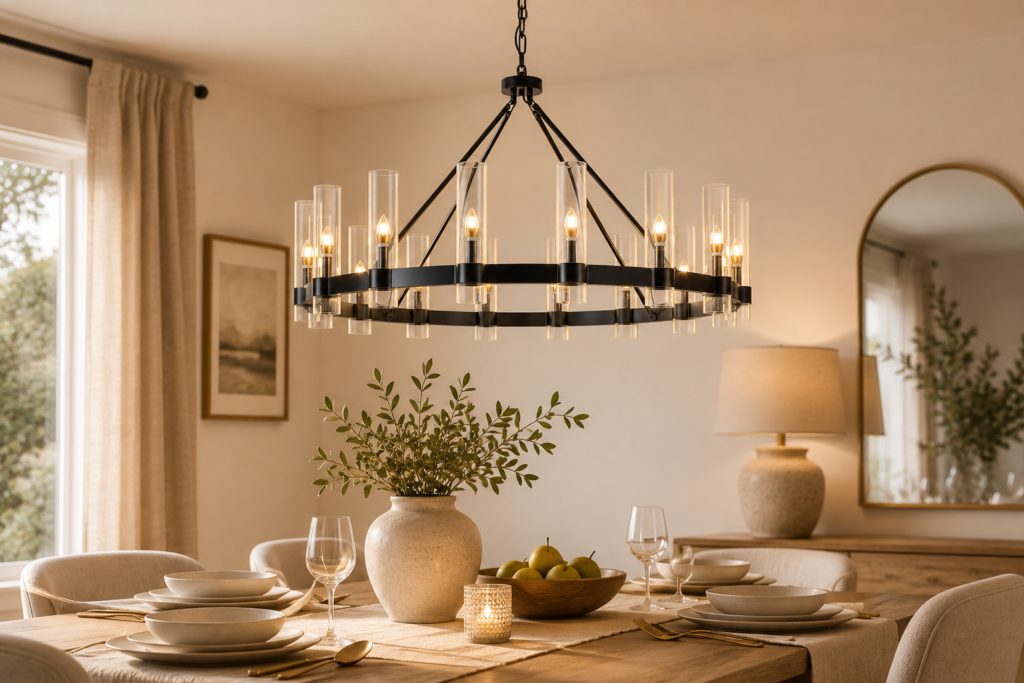 Black ring chandelier illuminating an elegant modern dining room