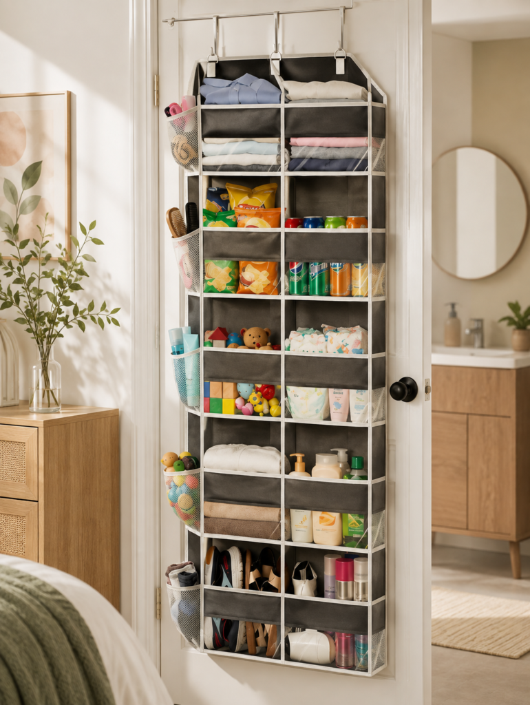 A dark gray over-the-door hanging organizer with multiple pockets, neatly storing folded clothes, snacks, toys, toiletries, shoes, and household essentials in a warm, stylish home interior.
