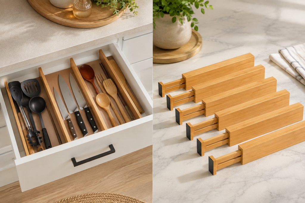 6-Pack Drawer Dividers Adjustable bamboo drawer dividers organizing kitchen utensils and knives, alongside a set of matching expandable dividers displayed on a bright marble countertop.