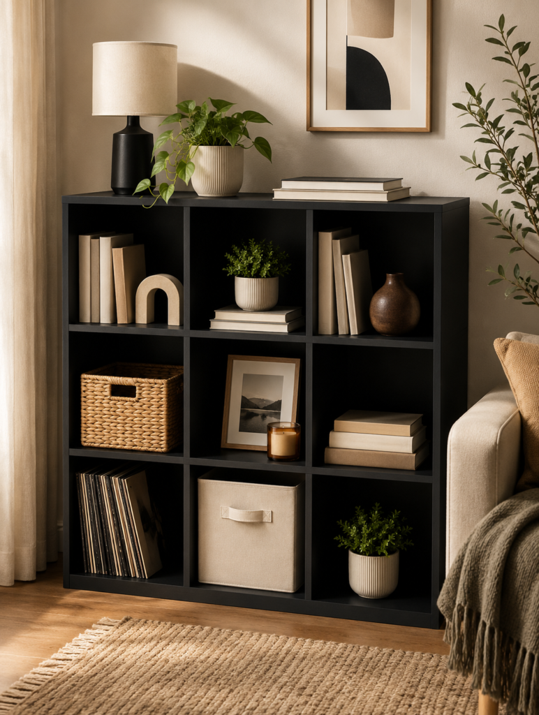 Black 3x3 cube storage shelf styled with books, woven baskets, plants, ceramics, and decorative accents in a warm, cozy modern living room.