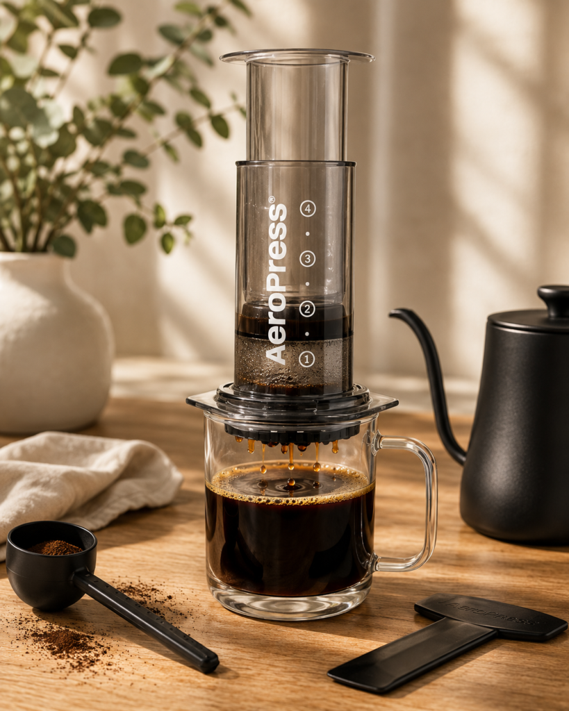AeroPress Clear coffee press brewing fresh coffee into a glass mug on a warm wooden kitchen counter, styled with coffee grounds, a stirrer, soft linen, and a matte-black kettle for a cozy home café experience.