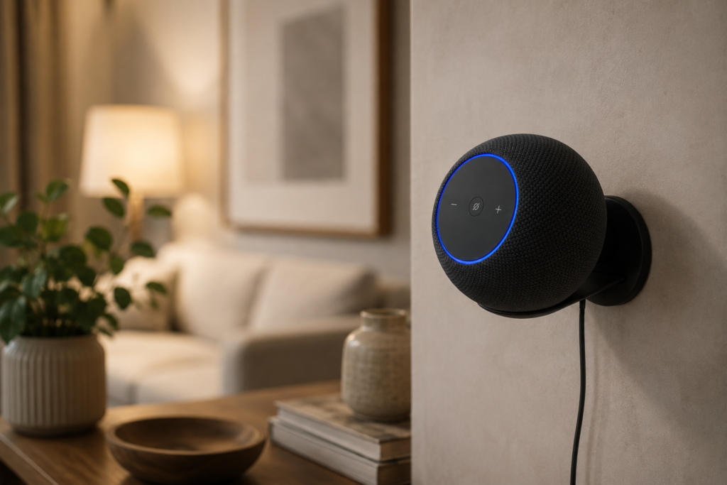Amazon Echo Studio Black spherical smart speaker in a cozy modern living room