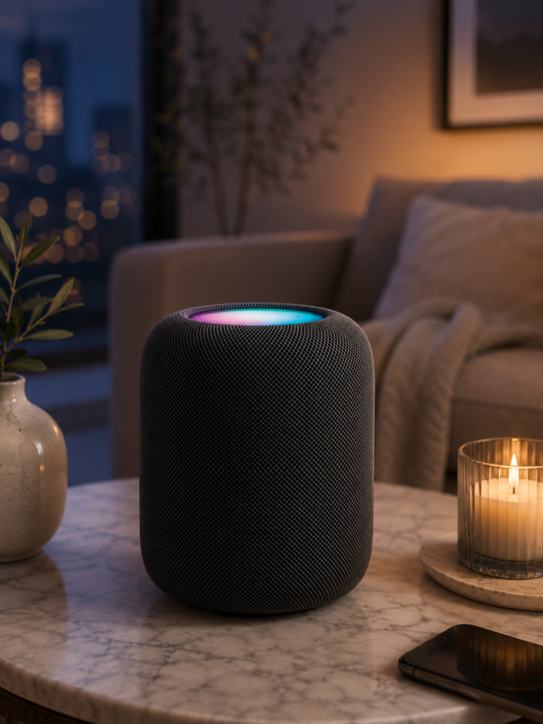 Apple HomePod (2nd Generation) Black smart speaker with a colorful glowing top on a marble table in a cozy modern living room with candlelight and evening city views.