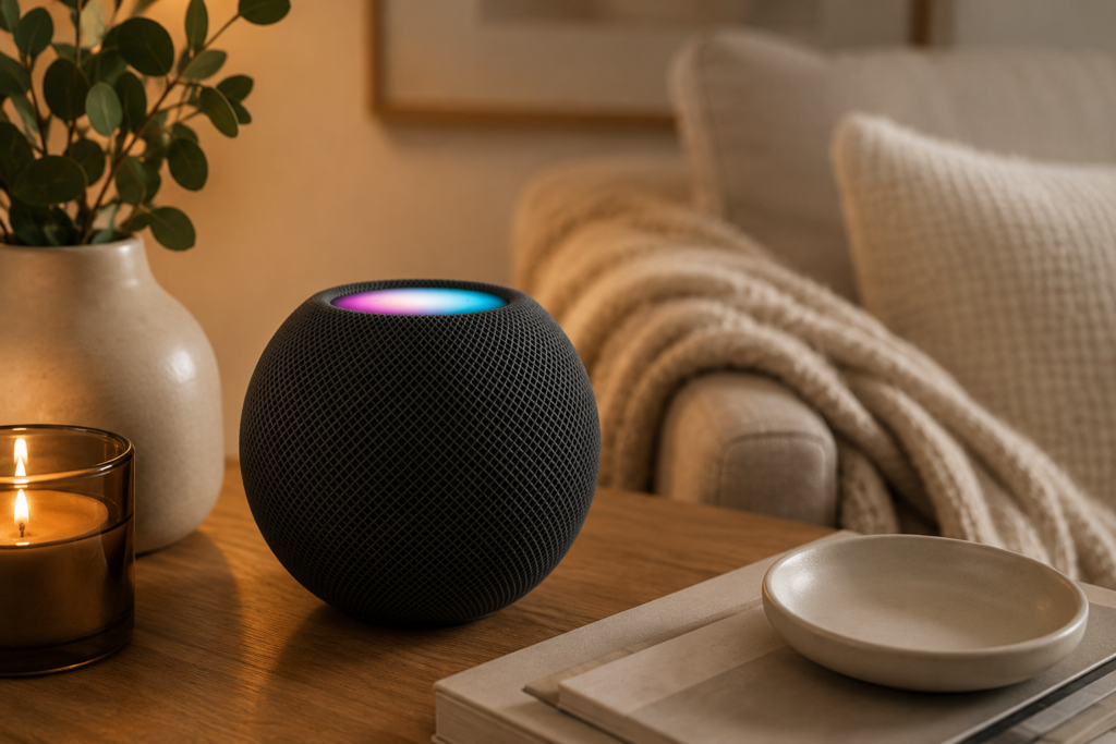 Charcoal-gray spherical smart speaker on a wooden table in a cozy living room