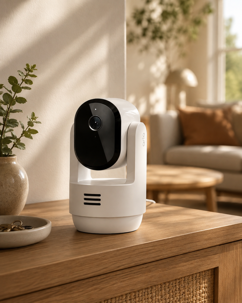 Arlo Essential Indoor Pan Tilt Arlo Essential Indoor Pan Tilt security camera on a wooden table in a warm, modern living room with soft natural light and greenery.