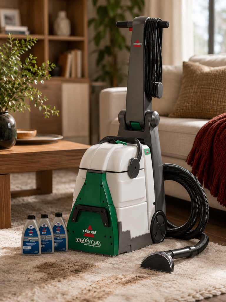 The BISSELL Big Green is presented naturally in a welcoming, lived-in home setting that makes deep-cleaning feel approachable.