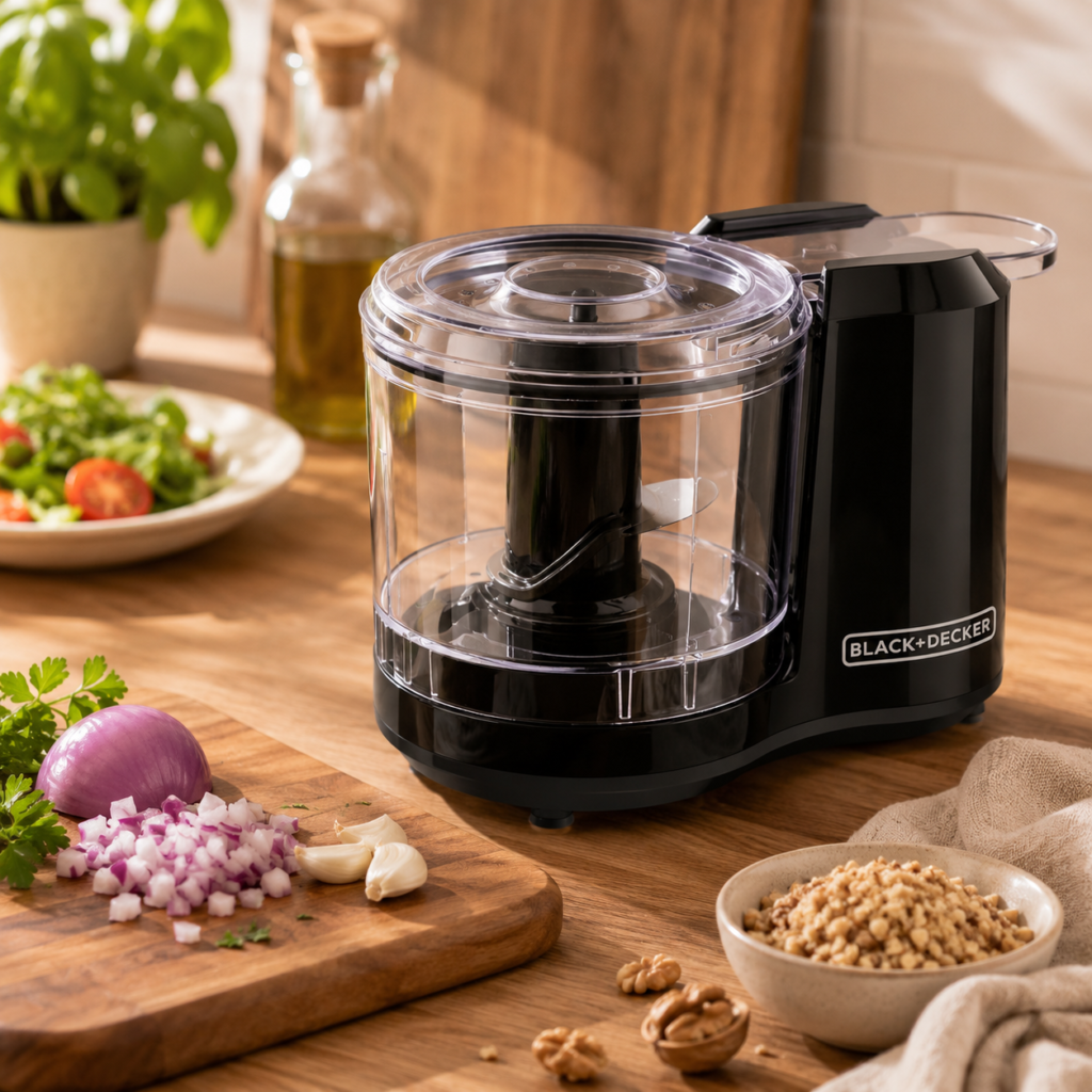 BLACK+DECKER 1.5-Cup Electric Food Chopper BLACK+DECKER 1.5-Cup Electric Food Chopper styled on a warm wooden kitchen counter with fresh herbs, chopped vegetables, garlic, salad ingredients, olive oil, and walnuts for an inviting everyday cooking scene.
