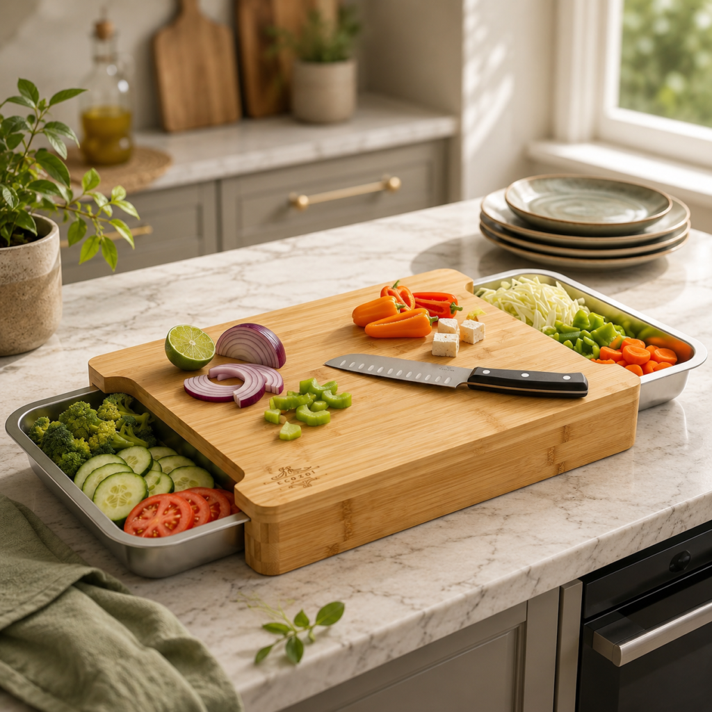 Bamboo Cutting Board by Ecozoi The ECOZOI bamboo cutting board is presented in an inviting, lived-in kitchen setting while keeping its branding visible.