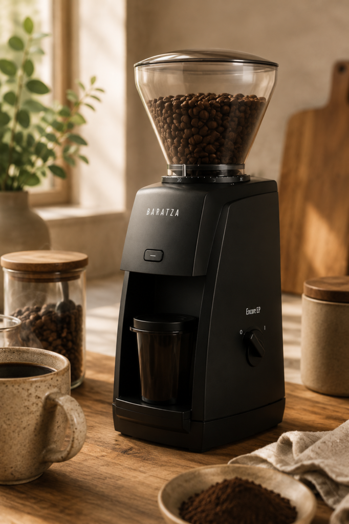 Baratza Encore ESP Coffee Grinder Baratza Encore ESP coffee grinder on a warm wooden kitchen counter, surrounded by coffee beans, fresh grounds, and a ceramic mug in a cozy home café setting.