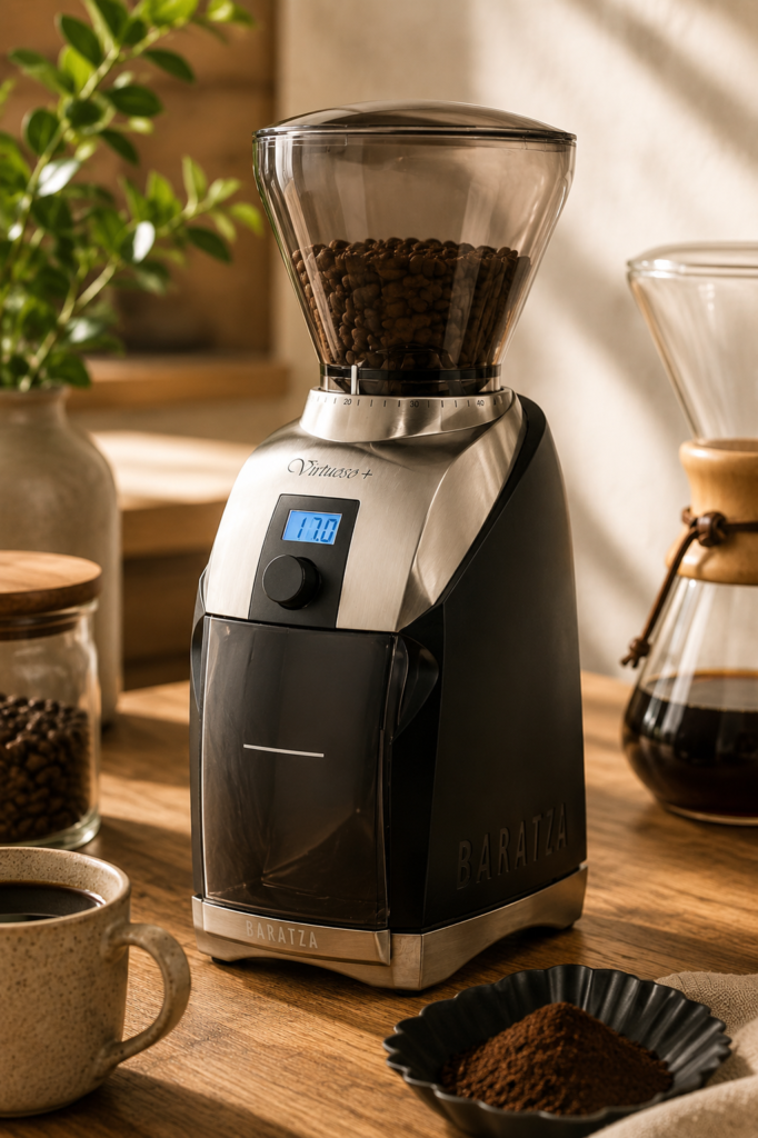 Baratza Virtuoso+ Coffee Grinder Baratza Virtuoso+ coffee grinder with a bean-filled hopper on a warm wooden kitchen counter, styled with a coffee mug, fresh grounds, and a glass carafe for a cozy home café atmosphere.