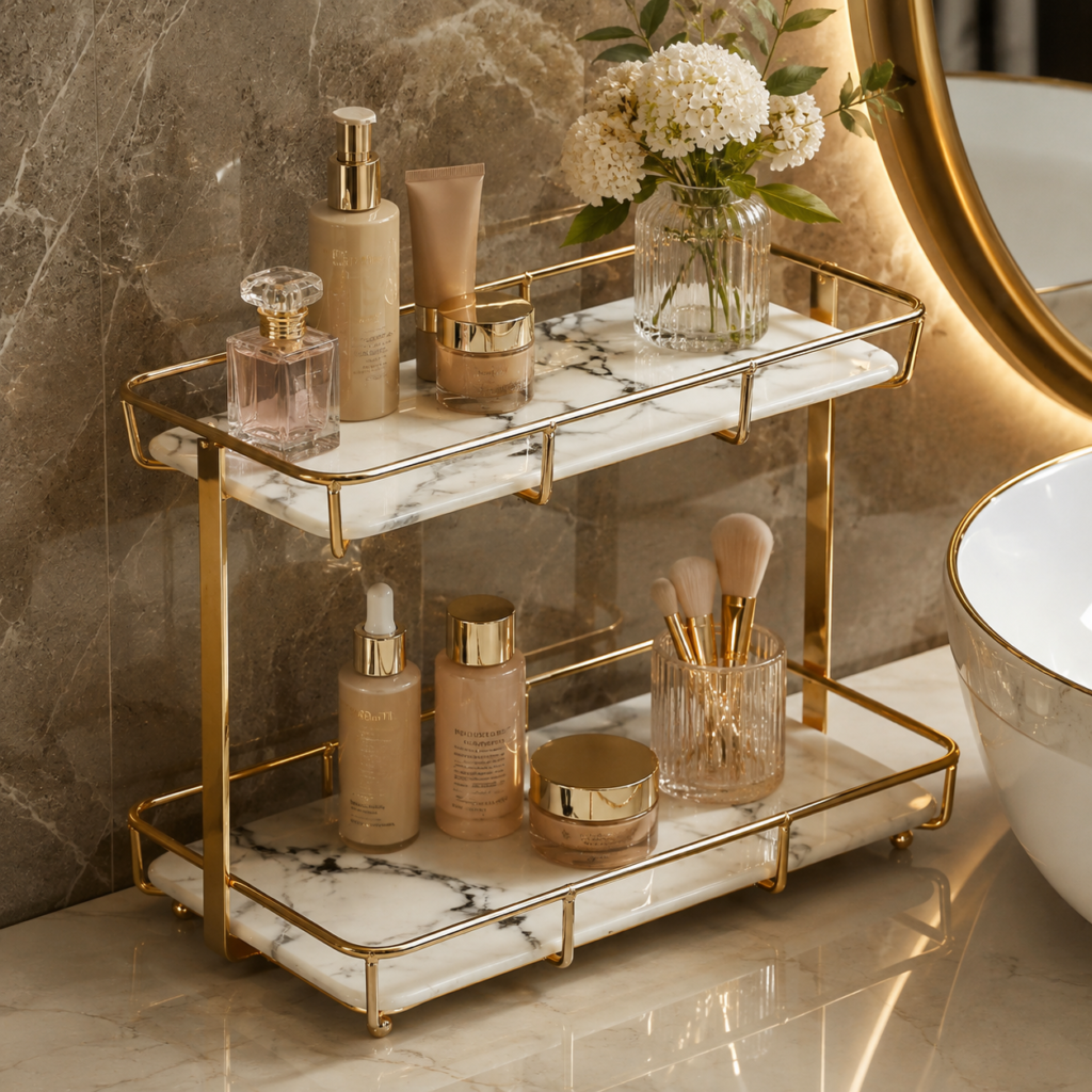 Bathroom Organizer Countertop Elegant two-tier gold-framed marble bathroom organizer styled with skincare, perfume, makeup brushes, and white flowers beside a modern sink and mirror.