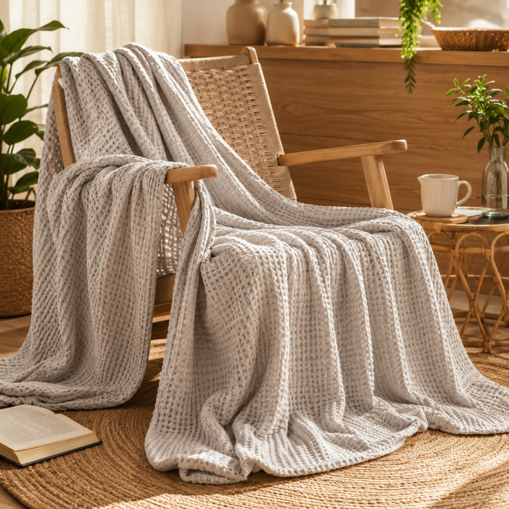 Bedsure Lightweight 100% Cotton Waffle Blanket draped over a natural woven lounge chair in a warm, sunlit room, styled with a jute rug, wooden accents, houseplants, a ceramic mug, and an open book for a cozy, relaxed atmosphere.