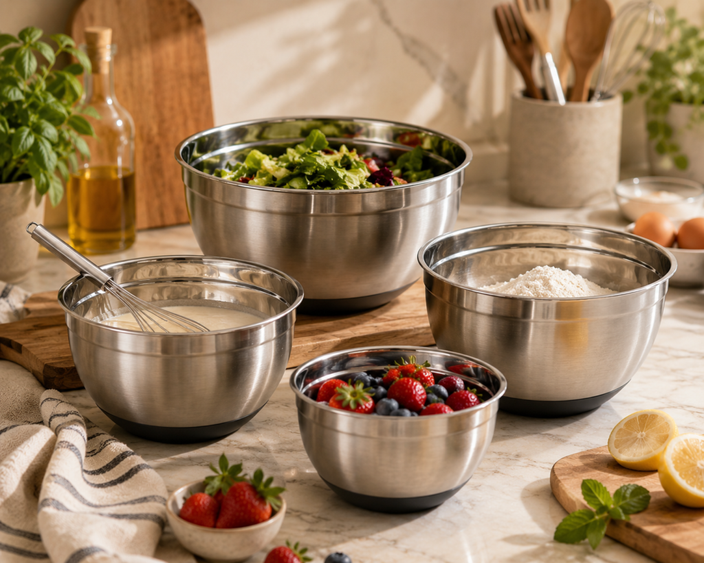 Belwares Mixing Bowls with Lids Set of 5 and 3 Graters, Stainless Steel Stainless-steel kitchen mixing bowls arranged on a bright marble countertop, filled with salad greens, flour, creamy batter, and fresh berries, surrounded by herbs, lemons, eggs, and baking utensils in a warm home kitchen.