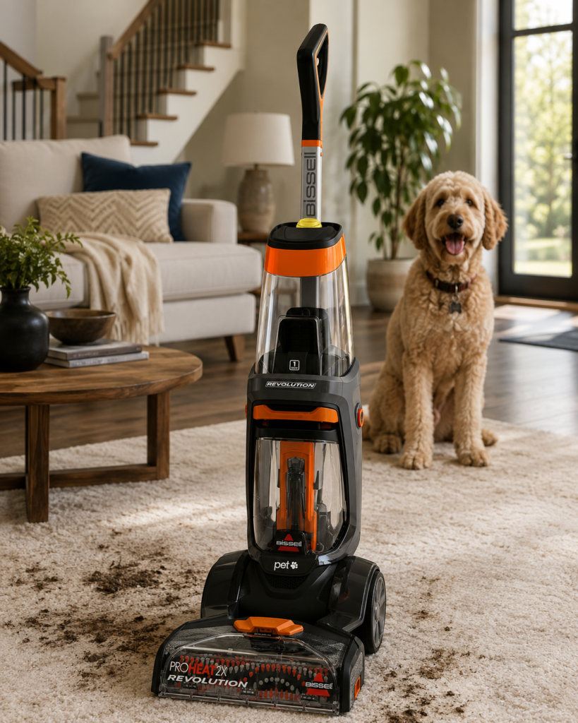 The Bissell Revolution is presented as the centerpiece of a welcoming, pet-friendly living room, making deep-cleaning feel naturally at home.