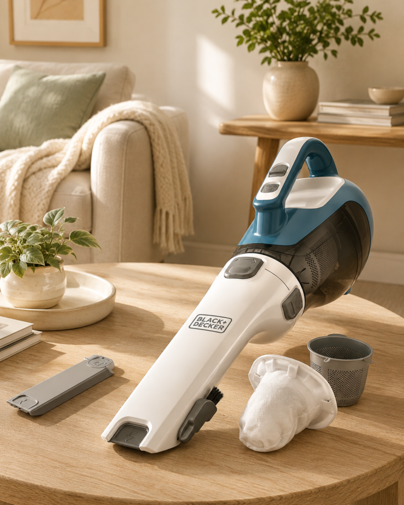 BLACK+DECKER handheld cordless vacuum with crevice and brush attachments