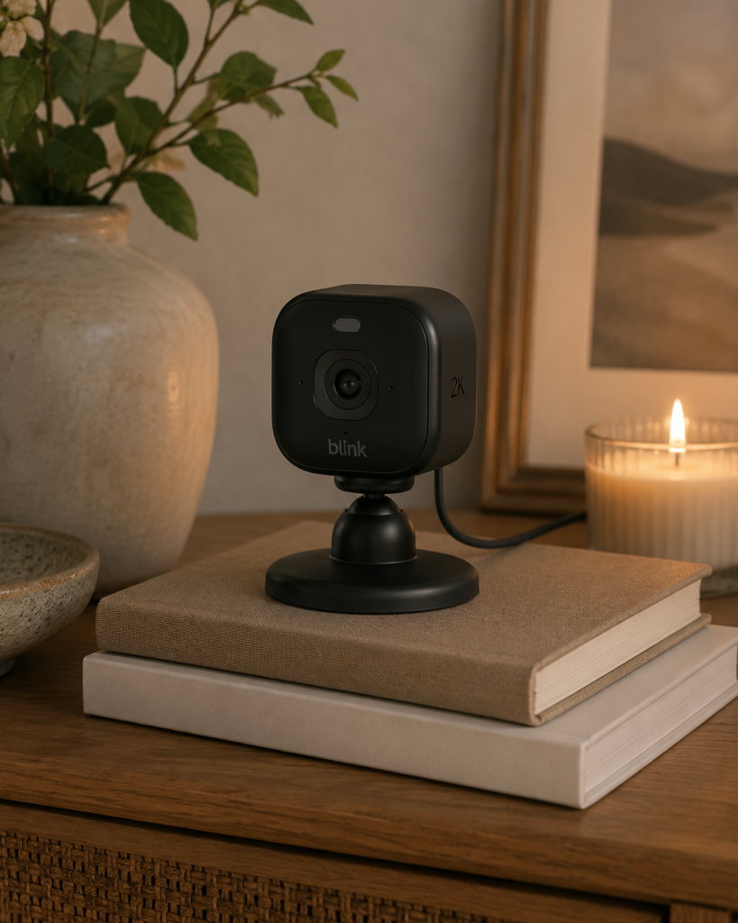 Blink Mini 2K+ Matte black Blink 2K security camera on a wooden table in a warm, softly lit modern home interior with books and natural decor.