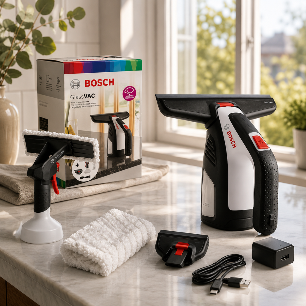 Bosch GlassVAC Battery Window Vacuum Cleaner The Bosch GlassVAC is presented in a bright, refined home setting that makes everyday window care feel effortless and inviting.