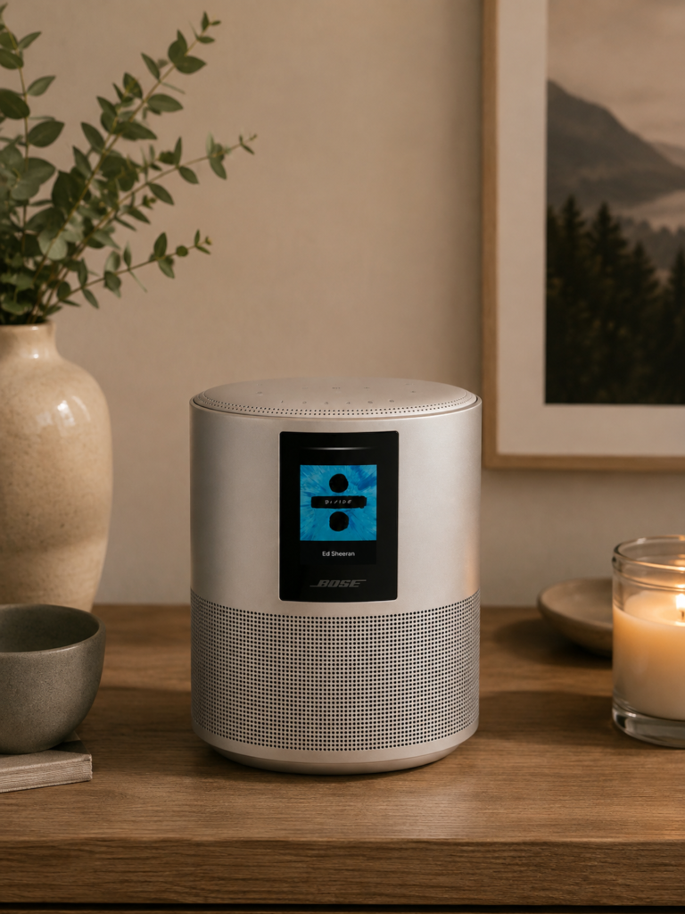 Bose Home Speaker 500 Silver Bose smart speaker on a wooden console in a warm, cozy home setting, with a softly glowing candle, ceramic decor, greenery, and framed artwork.