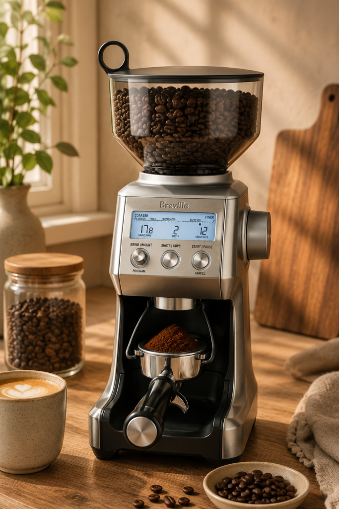 Breville BCG820BSS Smart Grinder Pro Breville Smart Grinder Pro coffee grinder with a bean-filled hopper and freshly ground coffee in a warm, sunlit kitchen setting.