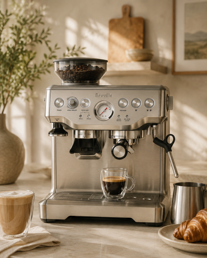 Breville Barista Express espresso machine with built-in coffee grinder, portafilter, and steam wand