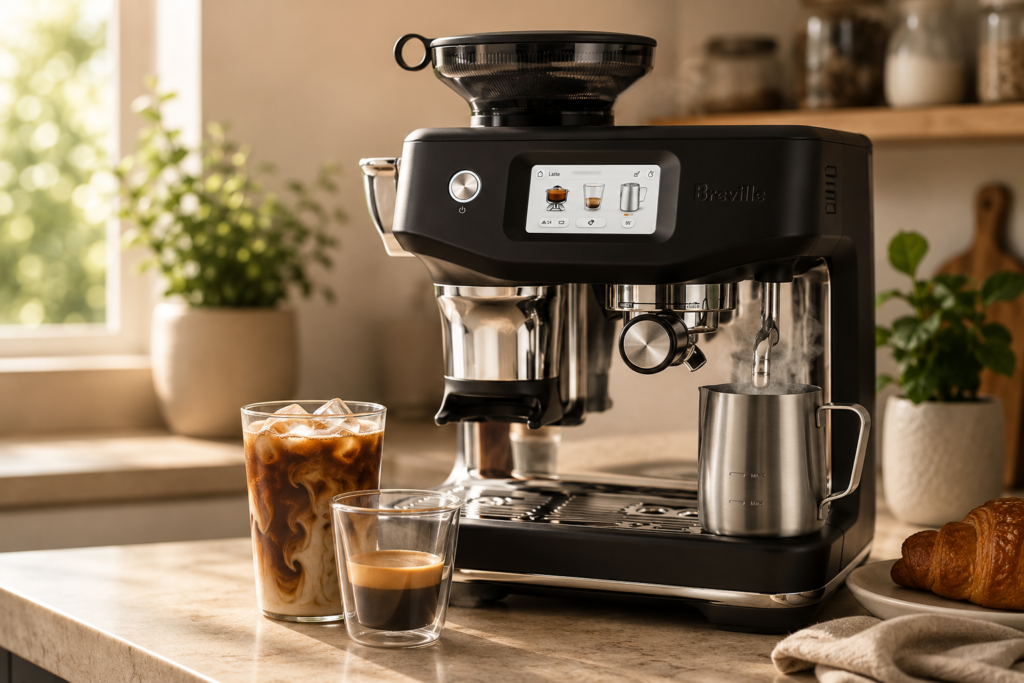 Breville BES881BTR Barista Touch Impress Breville Barista Touch Impress espresso machine in a warm, sunlit kitchen, steaming milk beside an iced coffee and fresh espresso for a relaxed café-style home experience.