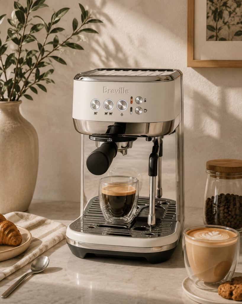 Breville compact stainless steel espresso machine with portafilter and steam wand