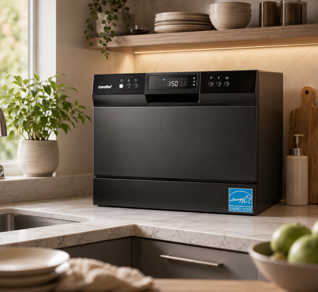 The COMFEE’ countertop dishwasher is presented naturally in a stylish, lived-in kitchen setting.