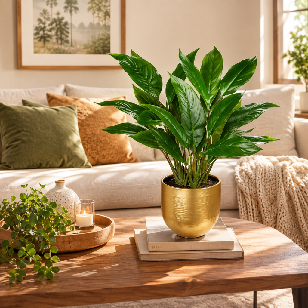 GnFlus 17-inch faux plant with realistic broad green leaves in a textured gold planter, styled on a wooden coffee table with books and neutral décor in a bright, cozy living room.