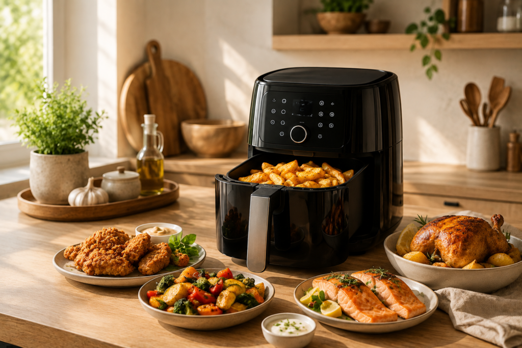 Modern kitchen with an air fryer and freshly prepared everyday meals