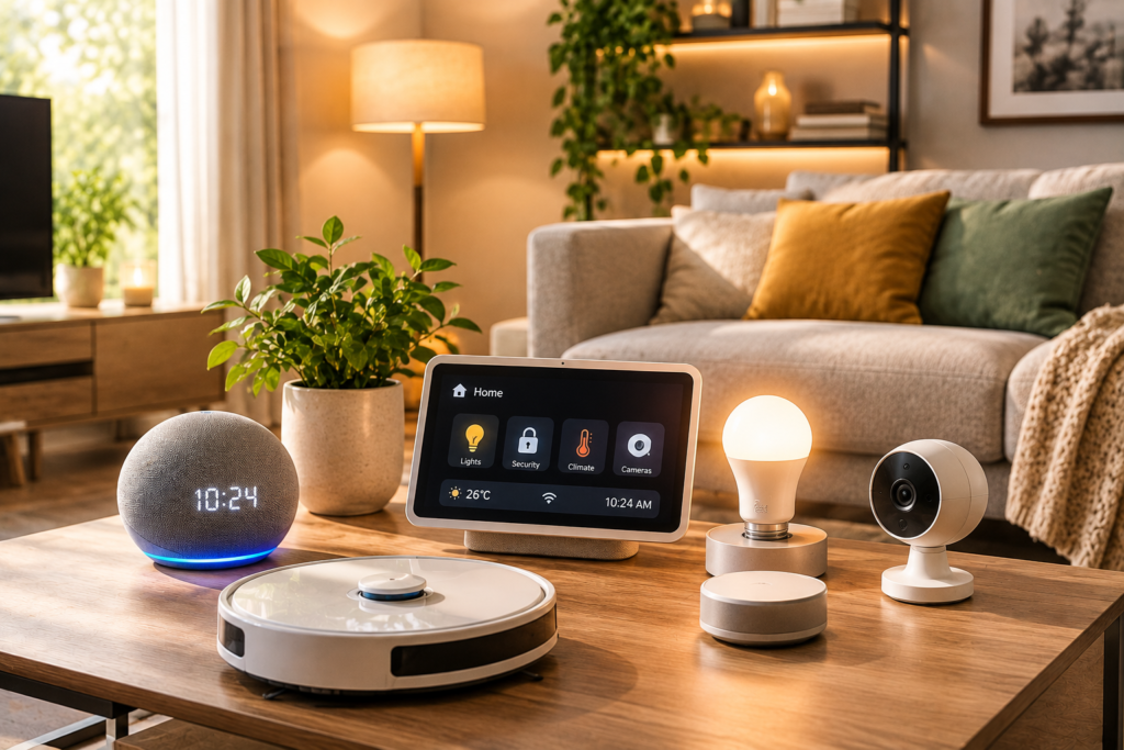 Modern living room with smart home devices including a smart speaker, tablet, smart light, and robot vacuum