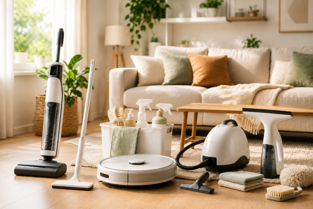 Modern living room with cleaning gadgets including a robot vacuum, steam cleaner, mop, and cleaning supplies
