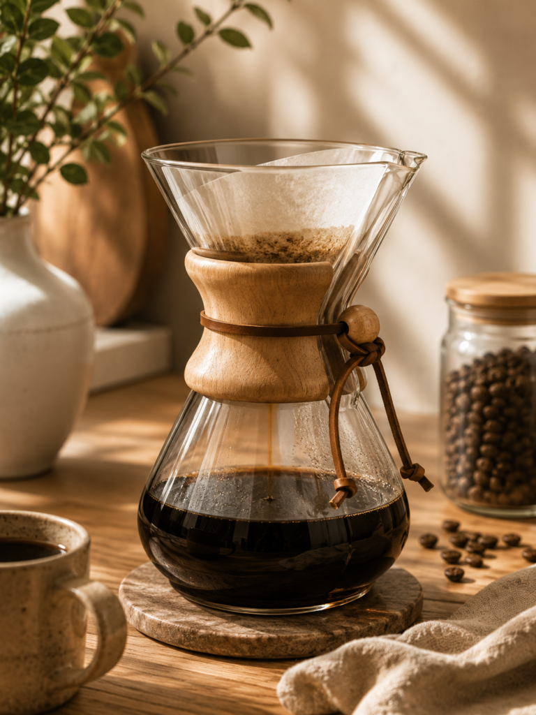 Chemex-style glass pour-over coffeemaker brewing fresh coffee on a wooden counter, surrounded by coffee beans and cozy kitchen accents.