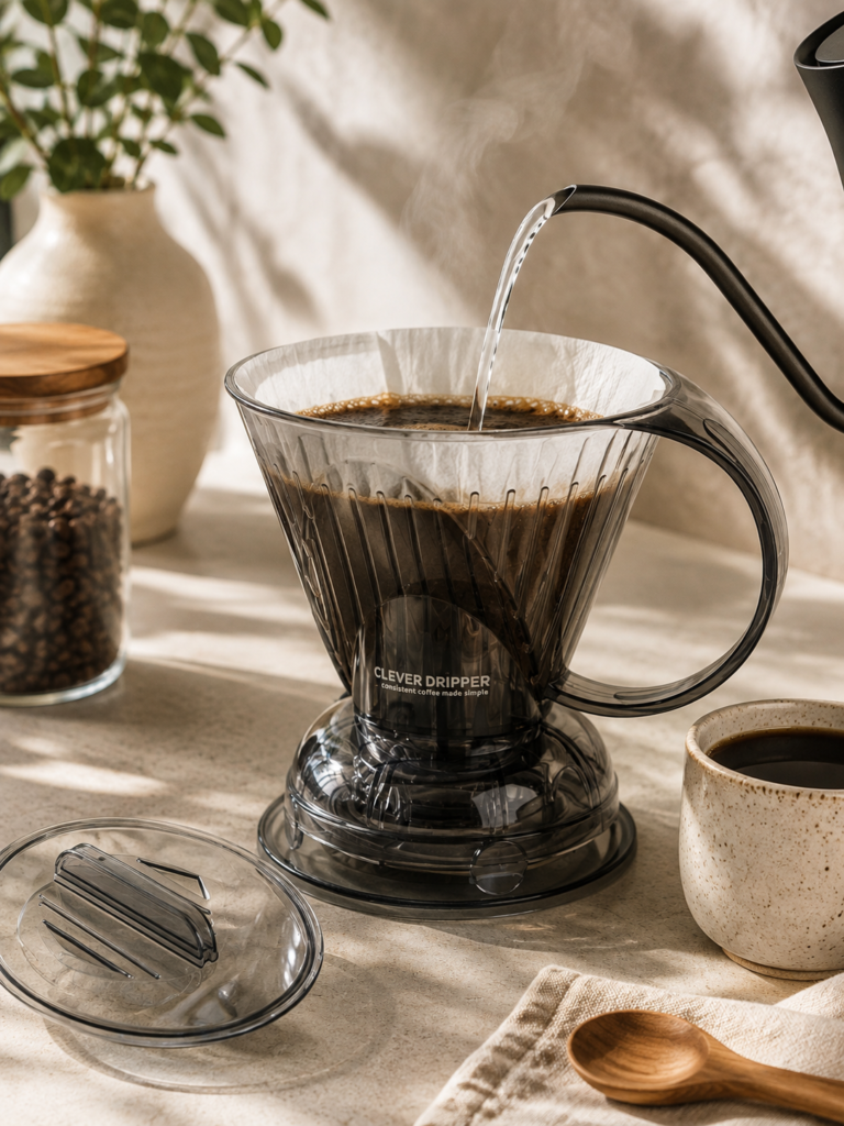 Transparent Clever Dripper coffee brewer labeled “CLEVER DRIPPER” on a sunlit kitchen counter, with hot water being poured over coffee grounds, surrounded by coffee beans, a ceramic mug, lid, and wooden spoon.