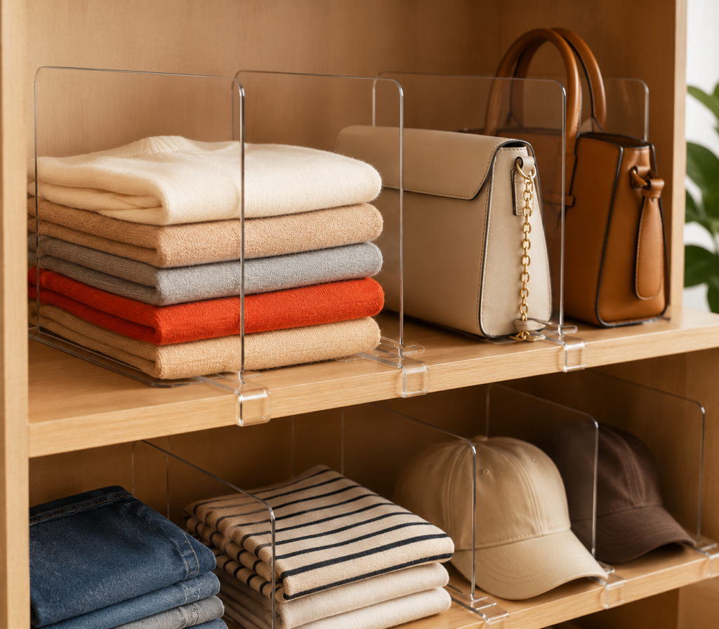Clear acrylic shelf dividers organize neatly folded sweaters, handbags, denim, and caps on warm wooden wardrobe shelves.
