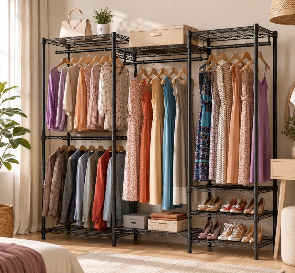 Black freestanding modular closet system styled in a warm, sunlit bedroom, with neatly organized dresses, jackets, shoes, storage boxes, and accessories for an elegant and functional open-wardrobe look.
