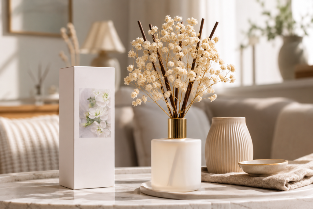 Elegant reed diffuser with white flowers in a cozy, softly styled home interior