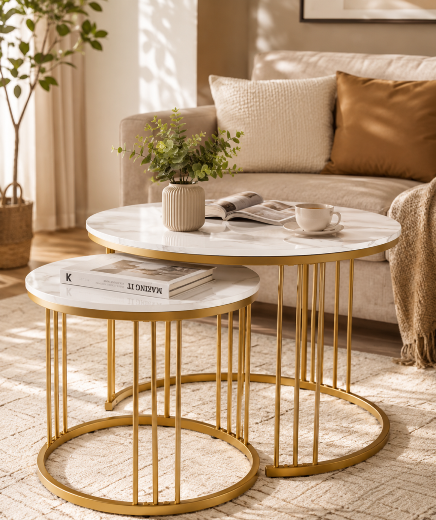 White faux-marble nesting coffee tables with elegant gold metal frames, styled in a warm, sunlit living room with a sofa, textured rug, leafy plant, open book, and coffee cup.