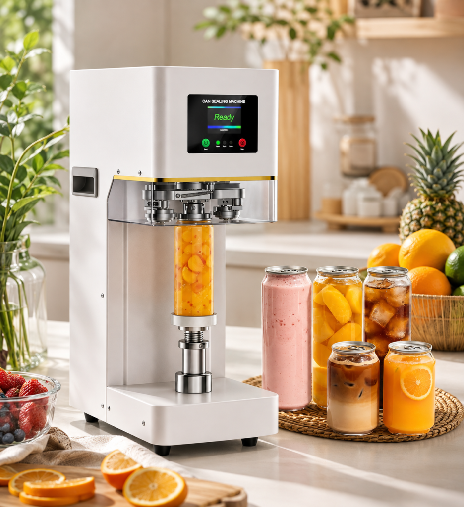 A fresh lifestyle kitchen scene now showcases the can sealer as part of an inviting everyday beverage-making setup.