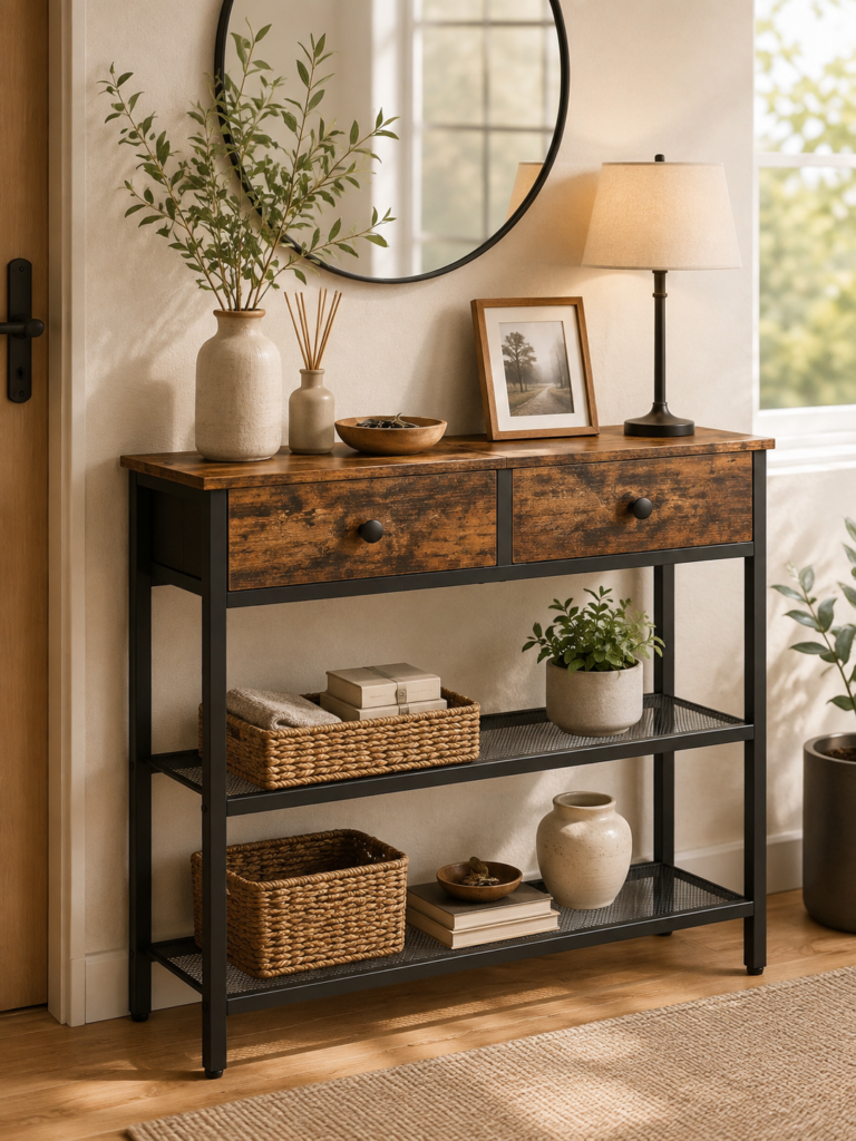 Rustic industrial entryway console table with two wooden drawers, black metal frame, and two open mesh shelves, styled in a warm modern home.