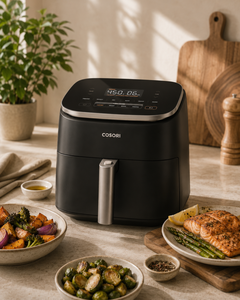 COSORI TurboBlaze air fryer with digital touchscreen controls and cooking guide