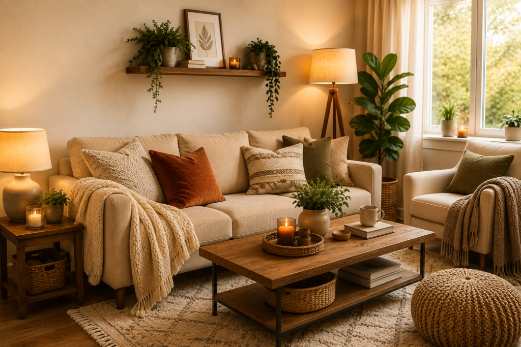Cozy living room with neutral furniture, soft lighting, and warm home decor