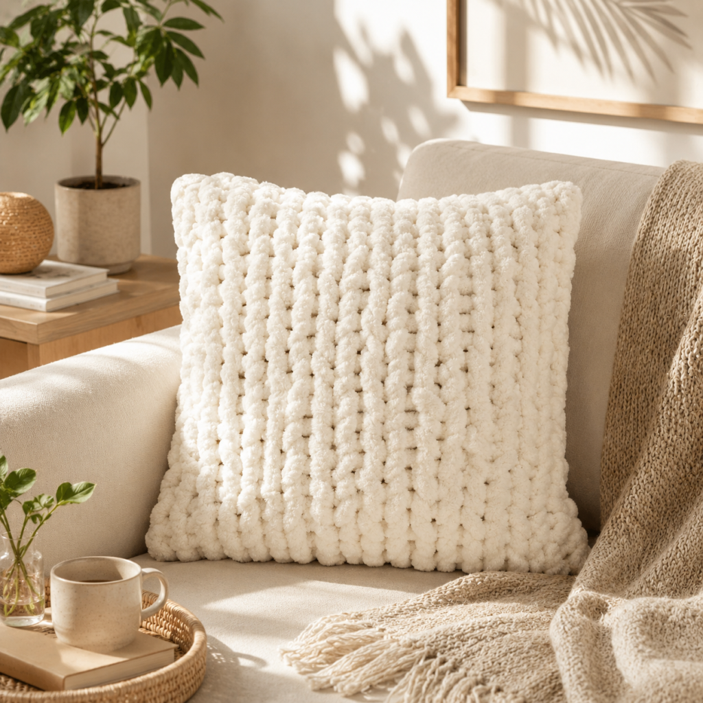 Cream White Chunky Knit Throw Pillow Covers Cozy modern living room featuring a plush cream chunky-knit pillow on a neutral sofa, surrounded by warm natural textures, greenery, and soft sunlight.