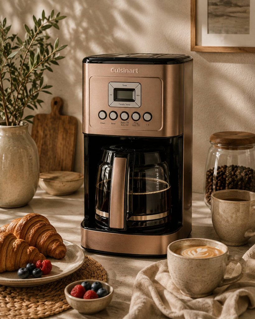 Cuisinart programmable drip coffee maker with glass carafe and rose-gold finish