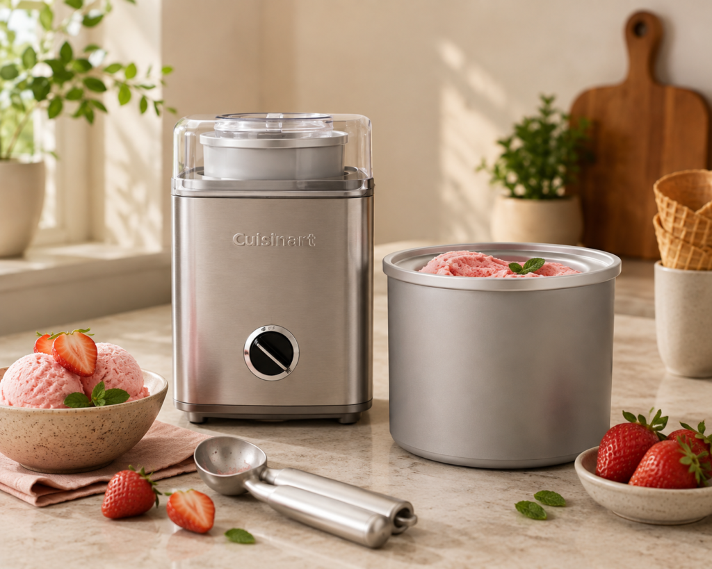 Cuisinart stainless steel ice cream maker on a sunlit kitchen countertop, styled with fresh strawberry ice cream, ripe strawberries, mint, waffle cones, and an ice cream scoop for a warm homemade dessert scene.