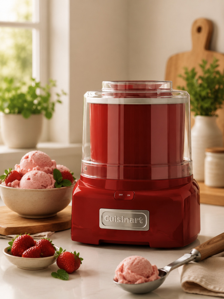 Red Cuisinart ice cream maker on a warm kitchen countertop, styled with bowls of strawberry ice cream, fresh strawberries, mint, and an ice cream scoop for an inviting homemade dessert scene.