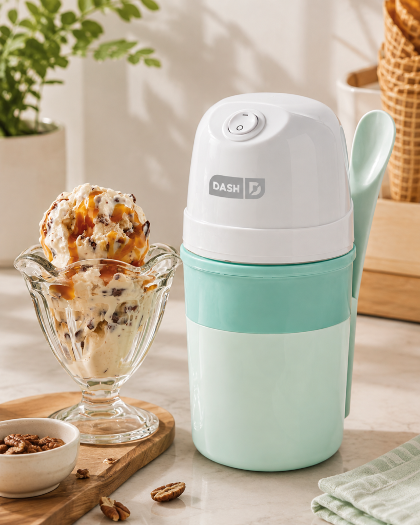 DASH My Pint ice cream maker in mint green and white on a sunlit kitchen counter, styled beside a caramel-drizzled ice cream sundae, pecans, and waffle cones for a cozy homemade dessert scene.