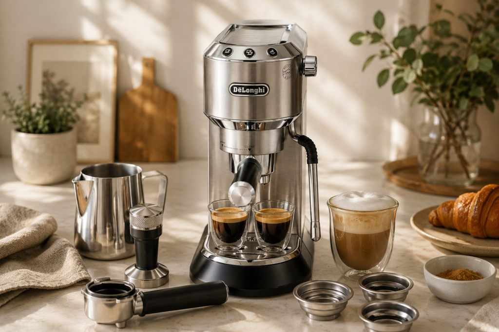 De’Longhi Dedica Arte espresso machine in a warm, sunlit kitchen, brewing two espressos alongside a milk pitcher, tamper, latte, and croissant for an inviting home café experience.