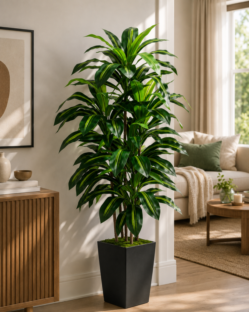 The tall variegated plant now feels naturally at home in an elegant, sunlit interior.